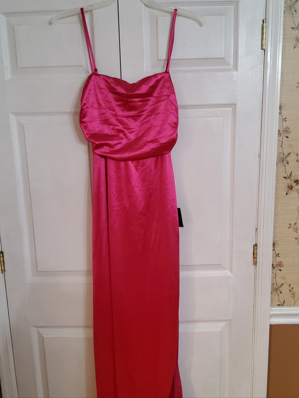 Lulus Glamorous Outlook Hot Pink Satin Ruched Cutout Maxi Dress XL NWT